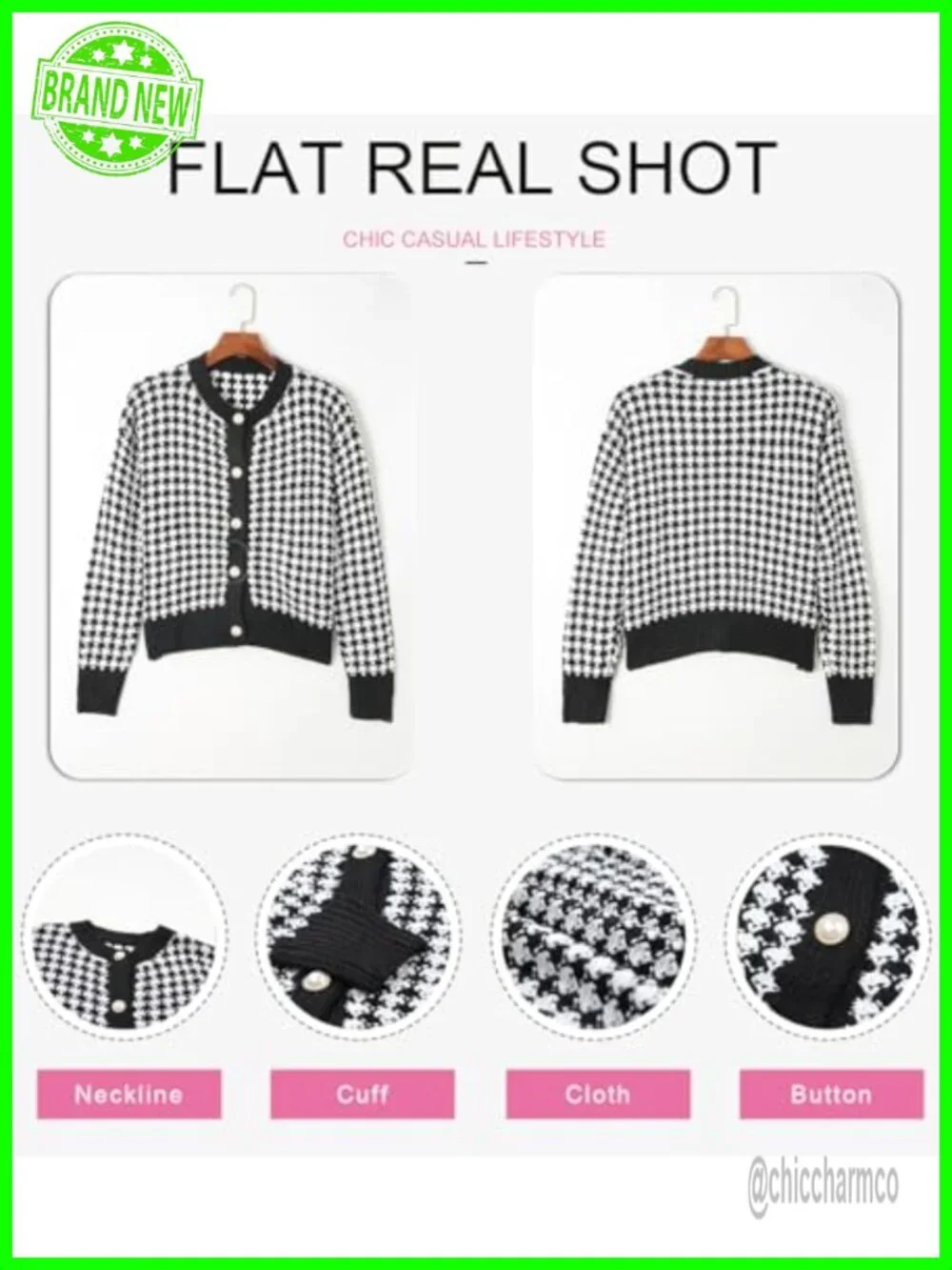 V Neck Button Down Long Sleeve Plaid Knit Cardigan Sweater